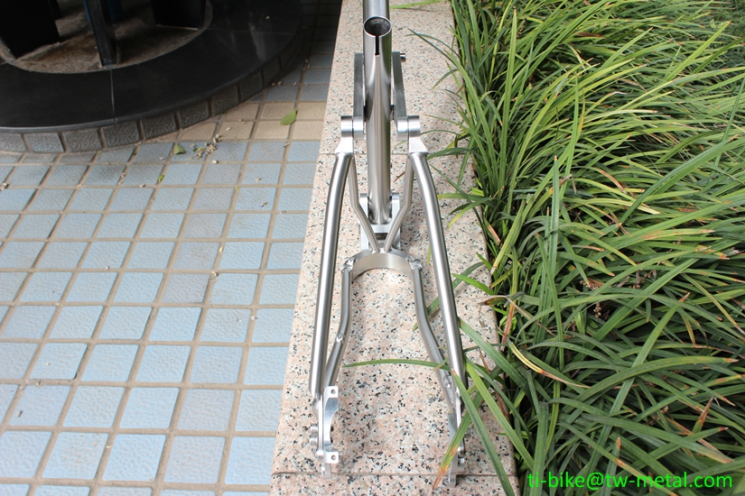 Custom titanium suspension bike frame with tapered head tube